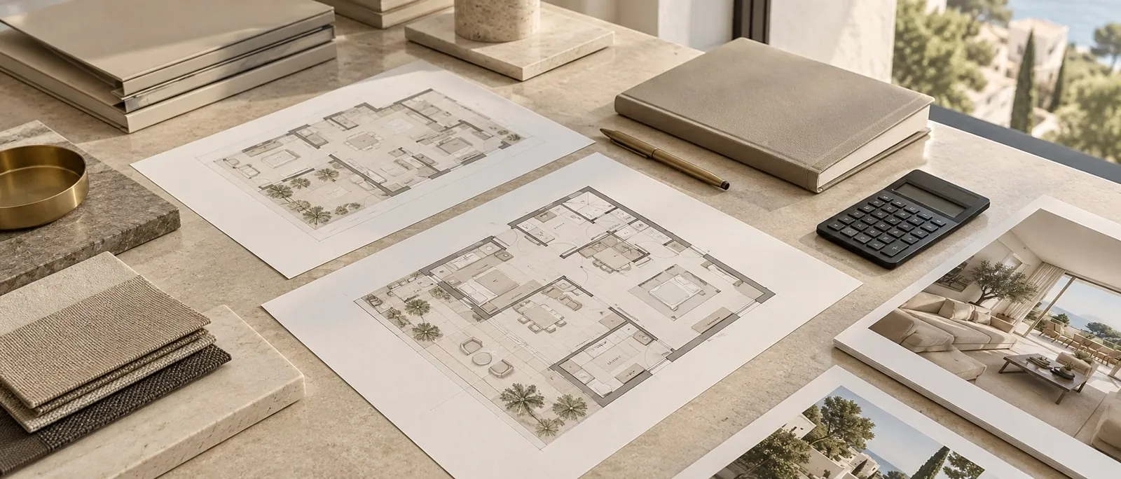 Planos y documentación de análisis inmobiliario sobre una mesa de trabajo